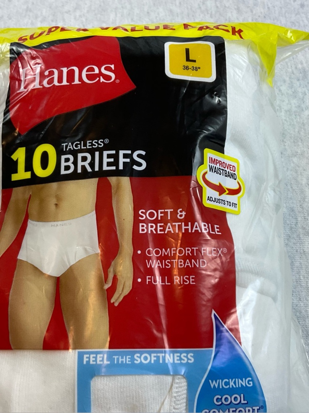 Hanes 10-Pack Tagless White Briefs for Men’s Large 100% cotton Full rise Soft
